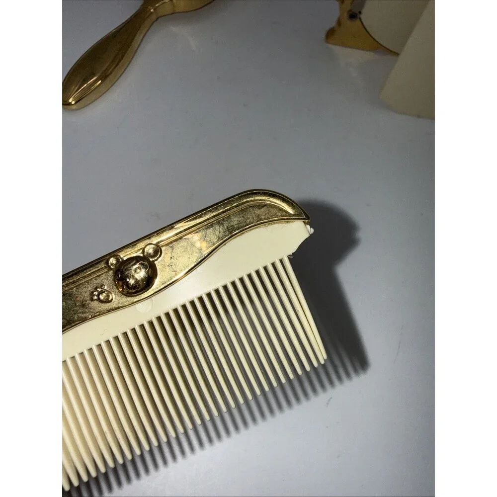 Vintage Silver-Plated Baby Gift Set, Teddy Bear Frame, Brush and Comb